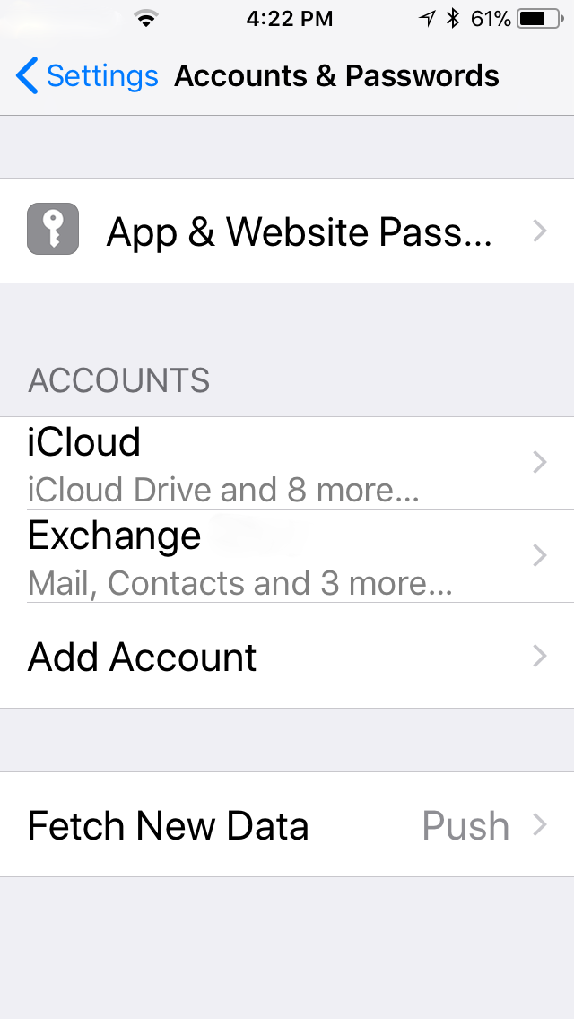 Accounts and Passwords Settings iOS on Apple iPhone and iPad