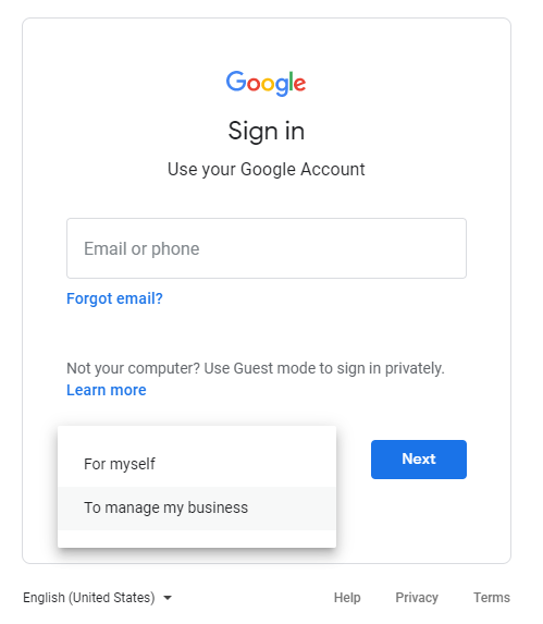 Google Account Creation Choose yourself or To manage my business