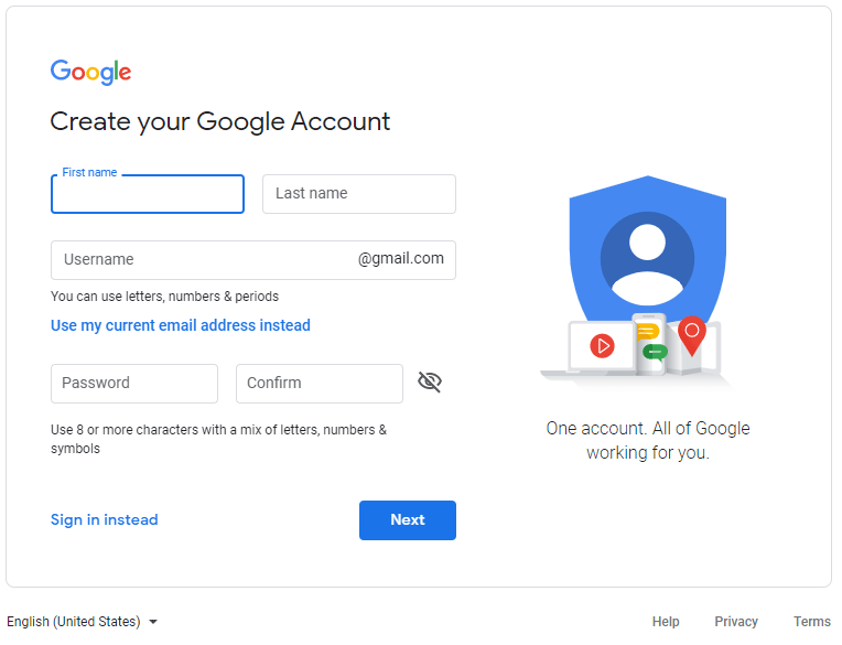 Google Account Creation - Click Use my current email address Instead where Arrow is Blinking