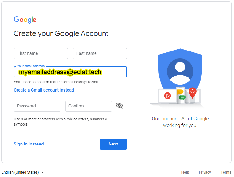 Google Account Creation enter YOUR email address