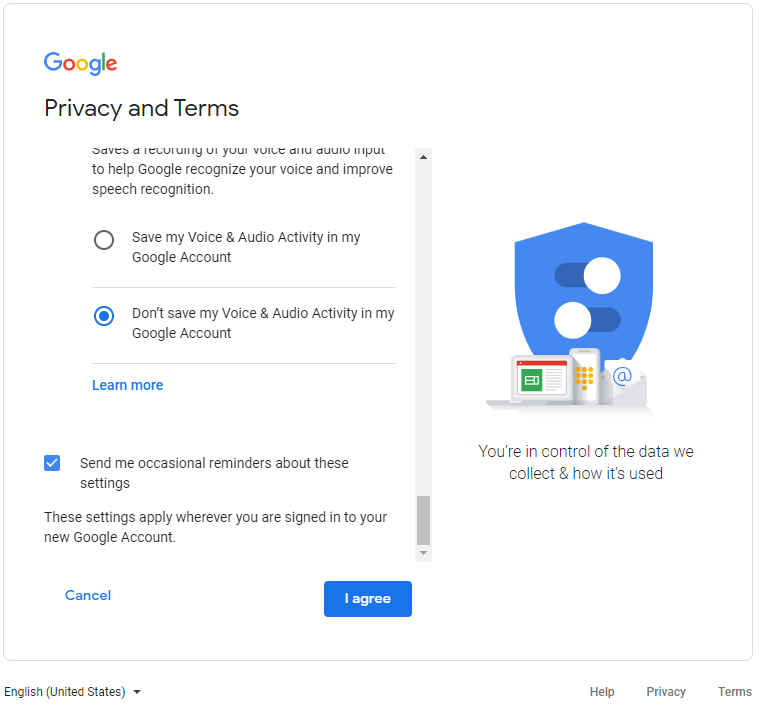 Google Account Creation Privacy and Terms